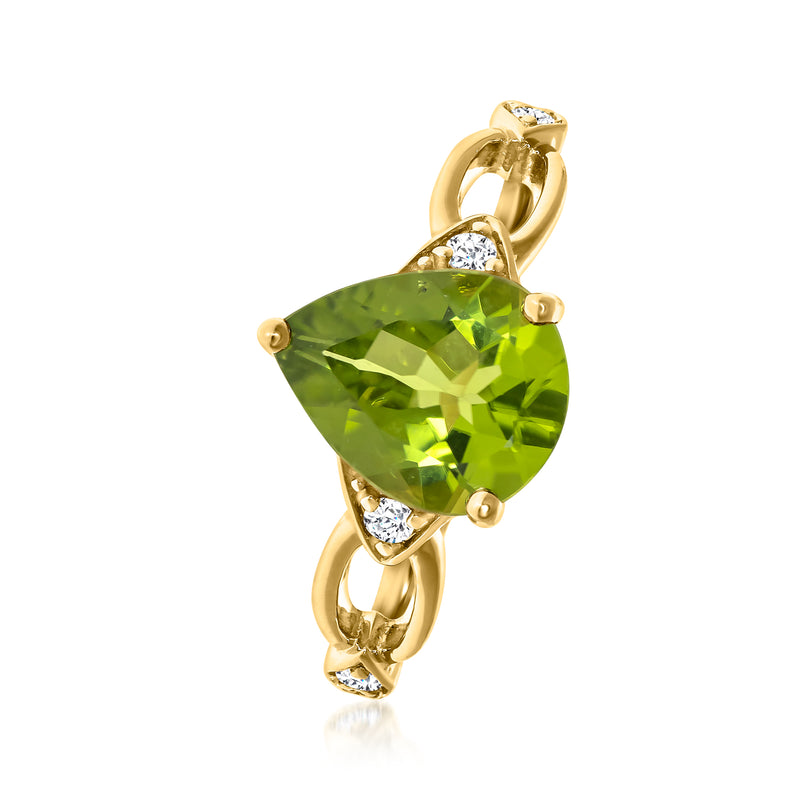 14kt yellow gold ring featuring a pear-cut green peridot center and diamond prongs