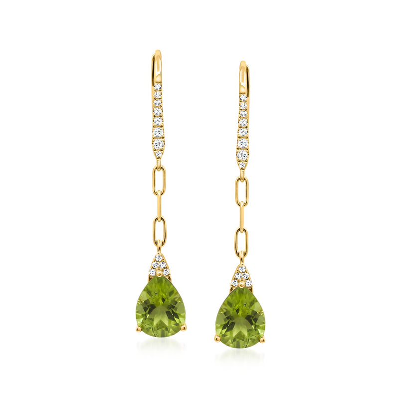 14kt yellow gold drop earrings with green pear-shaped peridot and diamond accents