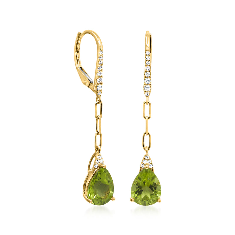 14kt yellow gold leverback drop earrings with pear peridot and diamond link detailing