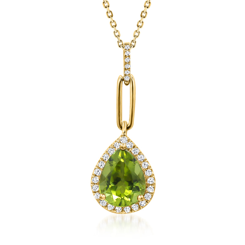 14kt yellow gold pendant necklace with pear peridot and diamond halo, paperclip-style link