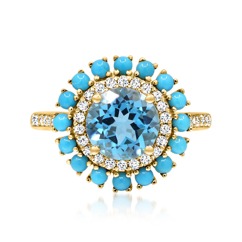 14kt yellow gold ring with oval Swiss blue topaz, diamond halo, and turquoise cabochons