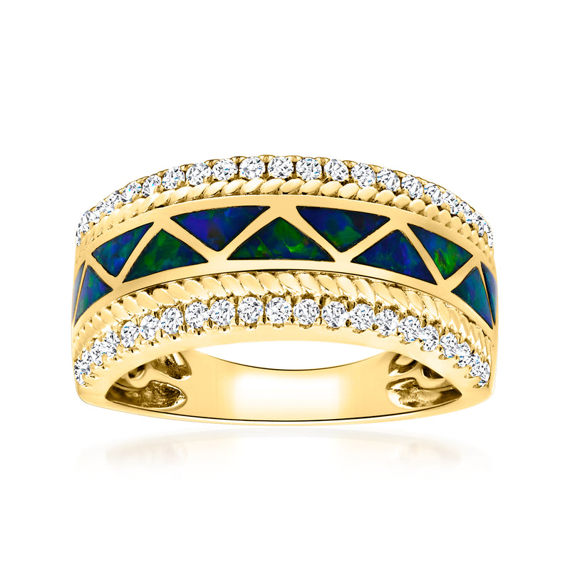 14kt yellow gold ring with black opal inlay and diamond accents