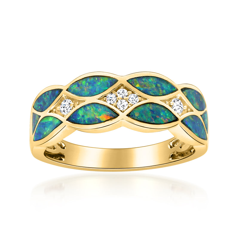 14kt yellow gold ring with blue-green oval opal and diamond accents
