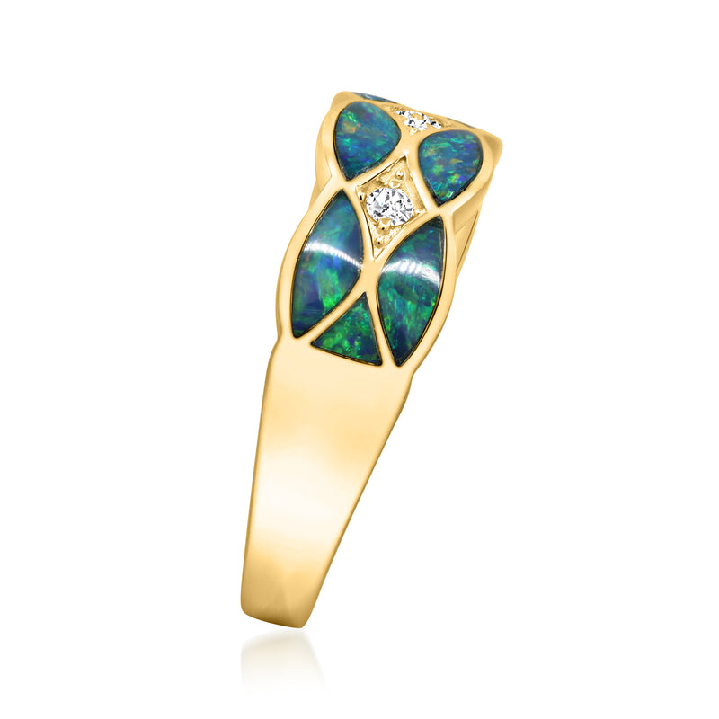 14kt yellow gold ring featuring blue-green opal marquise with diamond details