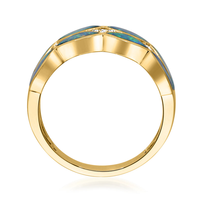 14kt yellow gold ring band with blue-green opal edge visible