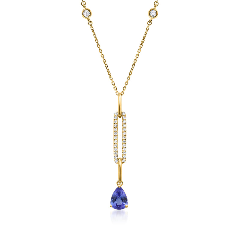 14k yellow gold paper clip link pendant necklace with tanzanite and diamond accents