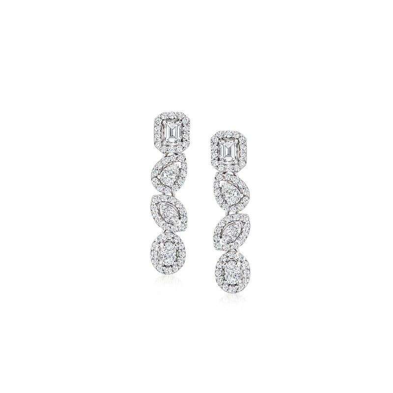 Diamond drop earrings in 14kt white gold with four stacked multi-shaped stones