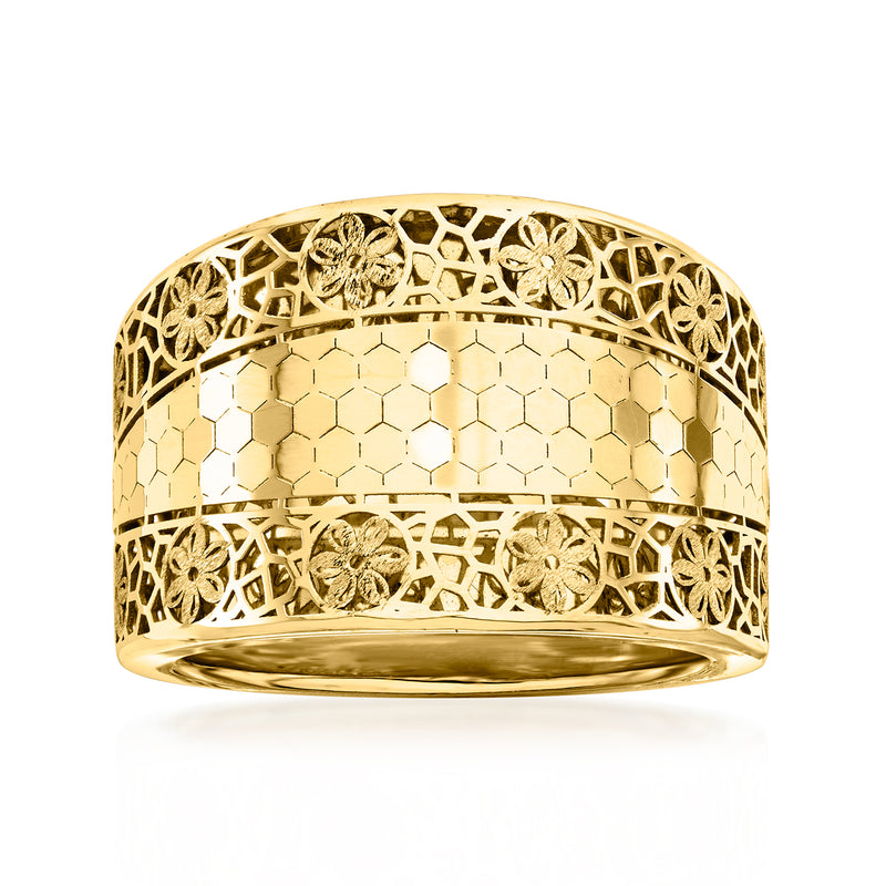 Yellow gold floral filigree ring with hex-pattern band