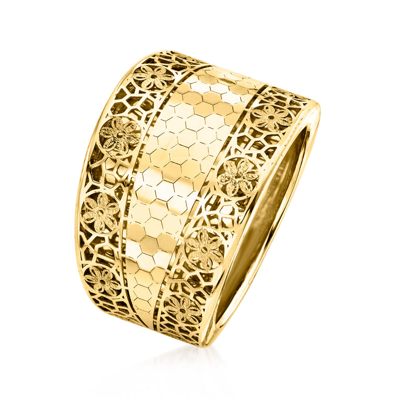 Yellow gold filigree ring with floral cutwork and honeycomb texture