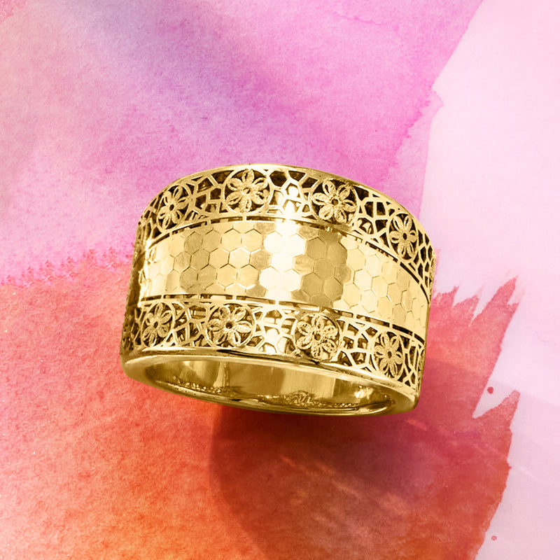 Yellow gold floral filigree ring with raised hexagon pattern band