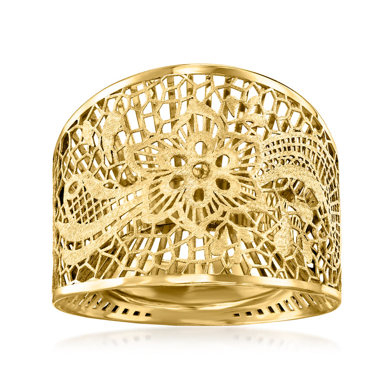 14kt yellow gold filigree dome ring with intricate lattice pattern