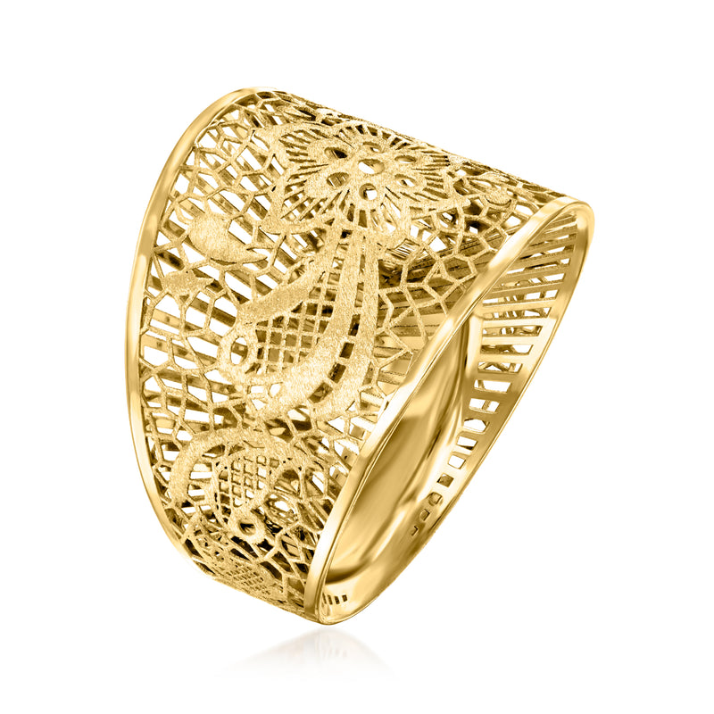 14kt yellow gold filigree statement ring with open latticework band