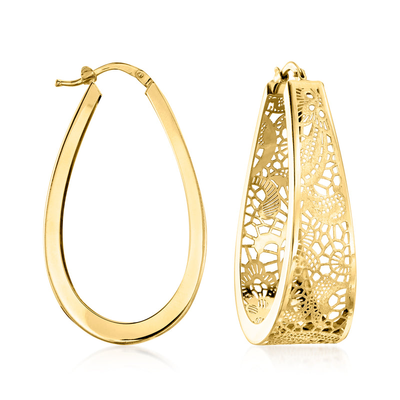 14kt yellow gold oval hoop earrings with floral filigree, hinged post back