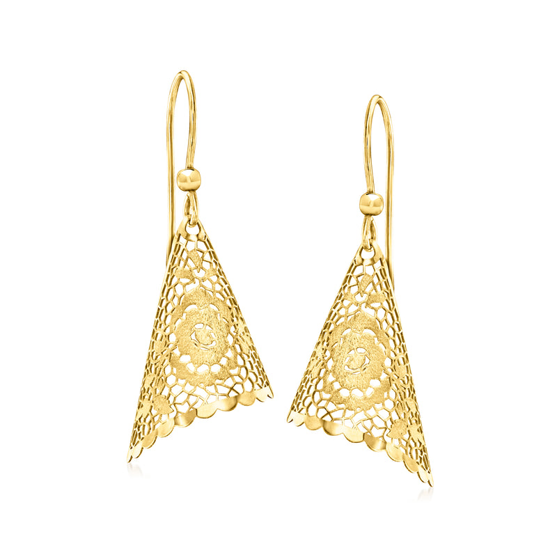 Yellow 14kt gold floral filigree drop earrings with earwire hooks