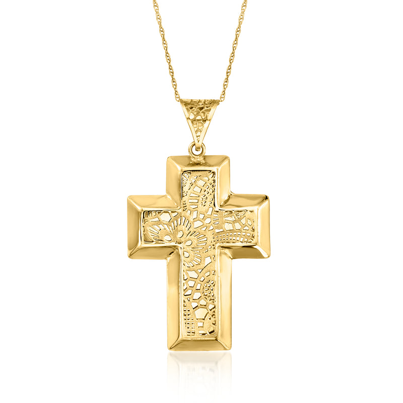 14kt yellow gold floral filigree cross pendant on a thin chain
