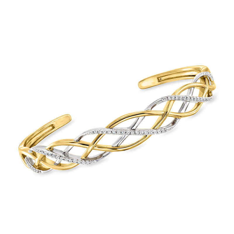 Diamond braided cuff bracelet with alternating gold and silver braided links, hinged.