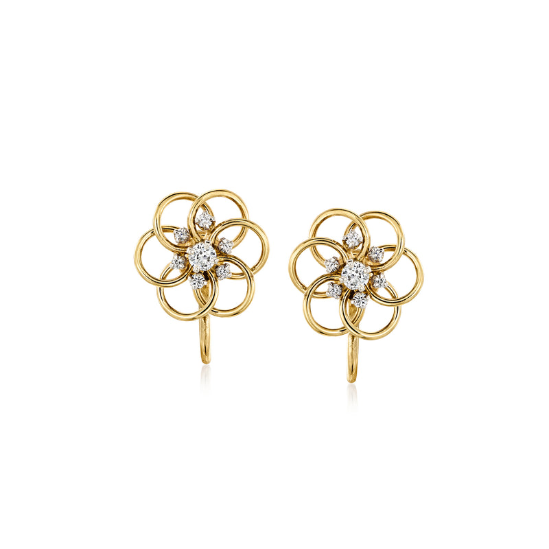 Vintage diamond swirl clip earrings in 14kt yellow gold, floral swirl design