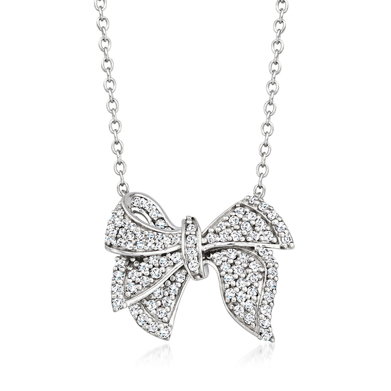 Sterling silver diamond bow pendant necklace