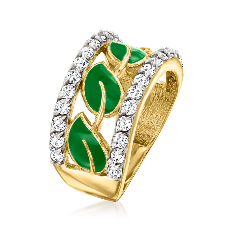 Gold-tone leaf ring with green enamel accents and white stones set in a raised border