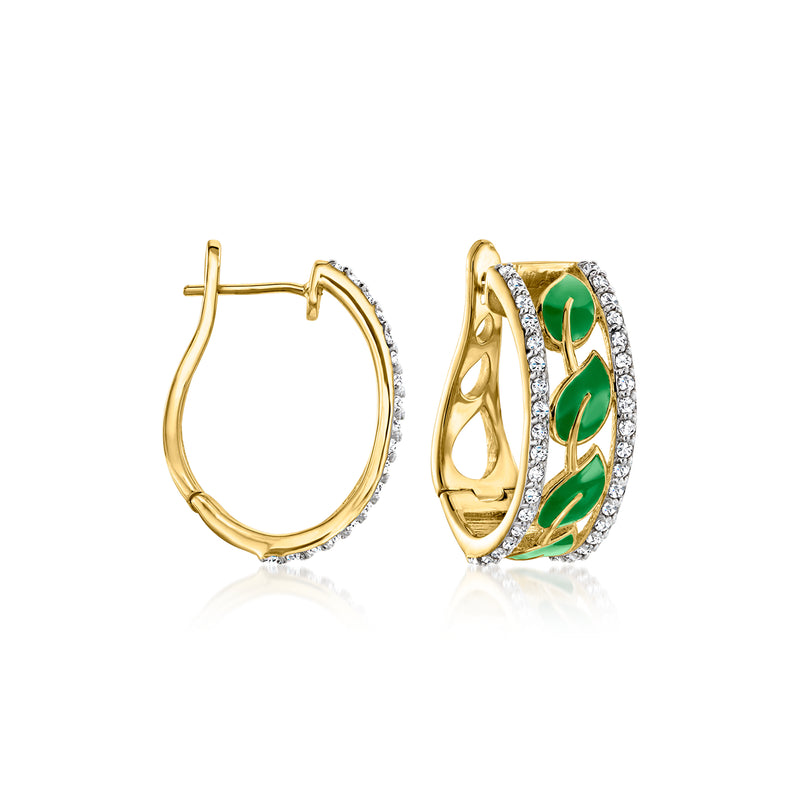 18kt gold over sterling hoop drop earrings with green enamel leaf accents and white stones