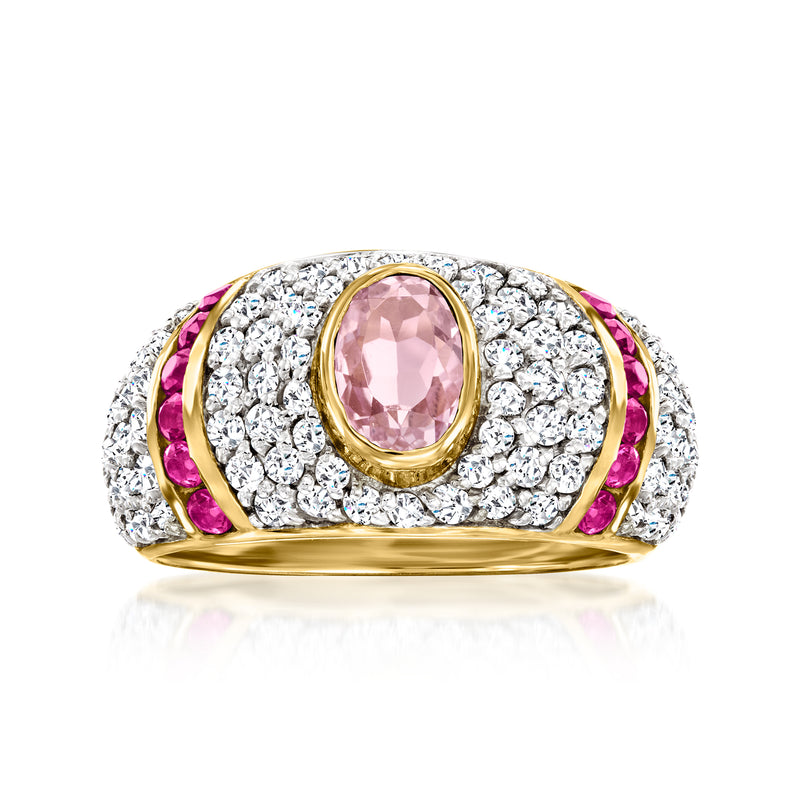 Gold ring: oval pink gemstone center, white zircon halo, pink side stones