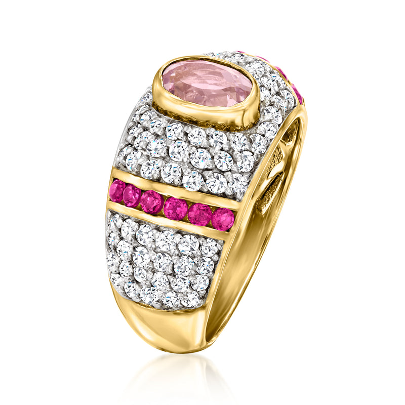 Gold over sterling ring with oval pink center stone, white zircon, and rhodolite garnet accents