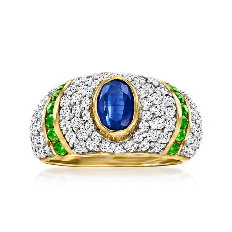 18kt gold over sterling ring with blue kyanite, green accents, and white stones