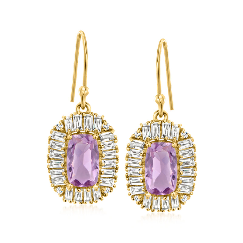 18kt gold over sterling drop earrings with purple amethyst center and white topaz halo