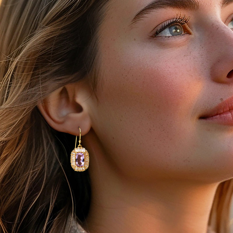 Amethyst drop earrings with oval purple stone, white baguette halo, gold earwires