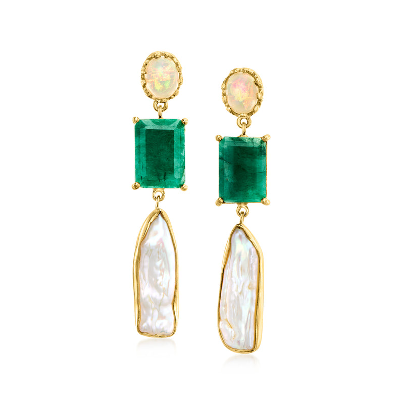 Gold drop earrings with emerald-green stones, opal-like top, and baroque pearl dangles