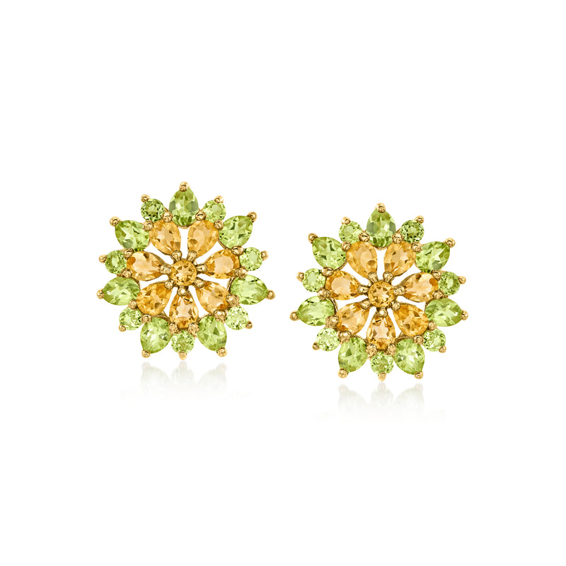 Gold stud earrings with floral cluster of green peridot and yellow citrine gemstones.