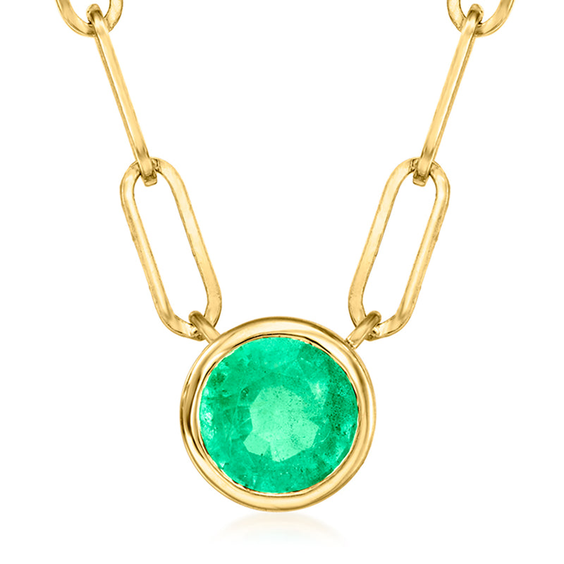 14kt yellow gold paper clip link necklace with round green gemstone pendant