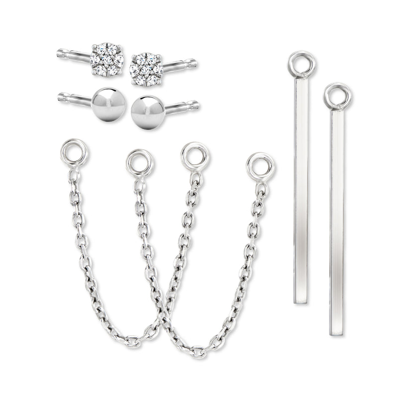 Sterling silver diamond earring set components: round studs, ear jackets, and chain drops