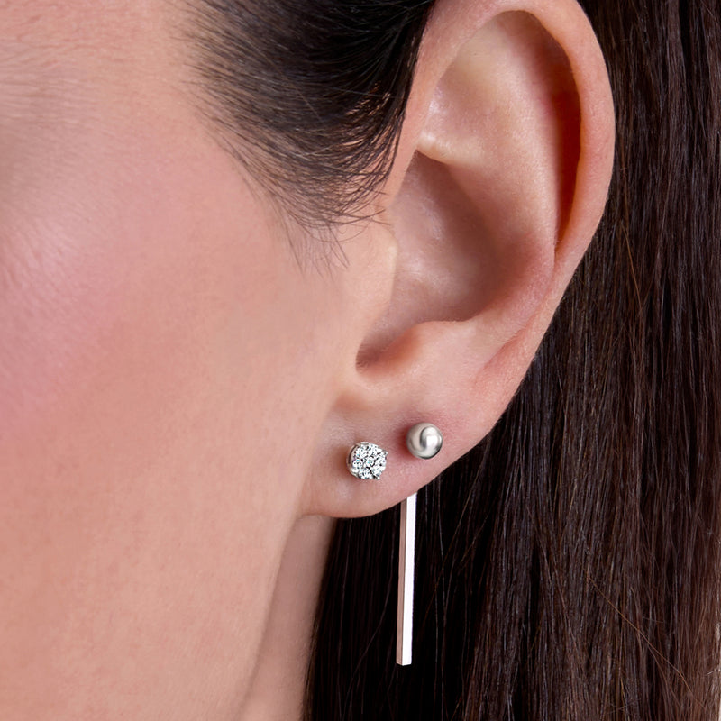 Sterling silver diamond earring set with round cluster stud, long bar drop, and chain