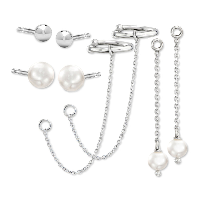 Sterling silver cultured pearl earring set with studs and dangling chain drops
