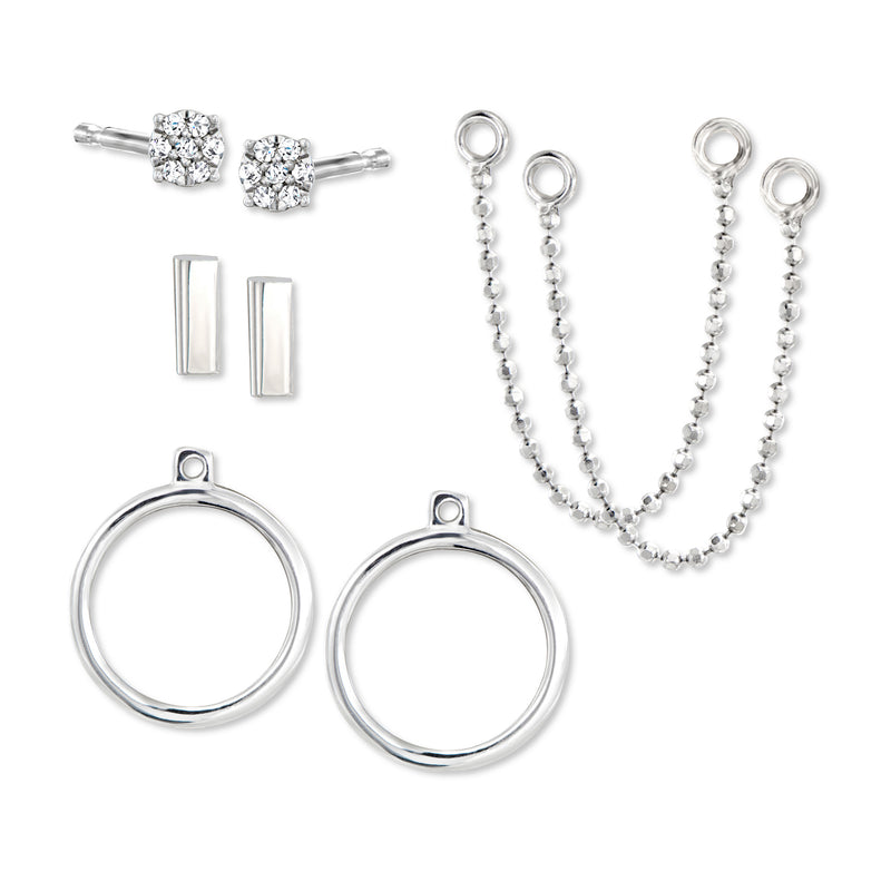 Sterling silver diamond earring set: studs, hoops, and bead-chain ear jacket