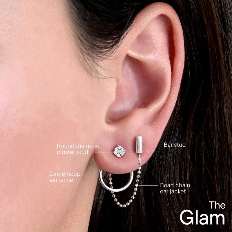 Earrings on ear: round diamond cluster stud, bar stud, circle hoop ear jacket, bead chain