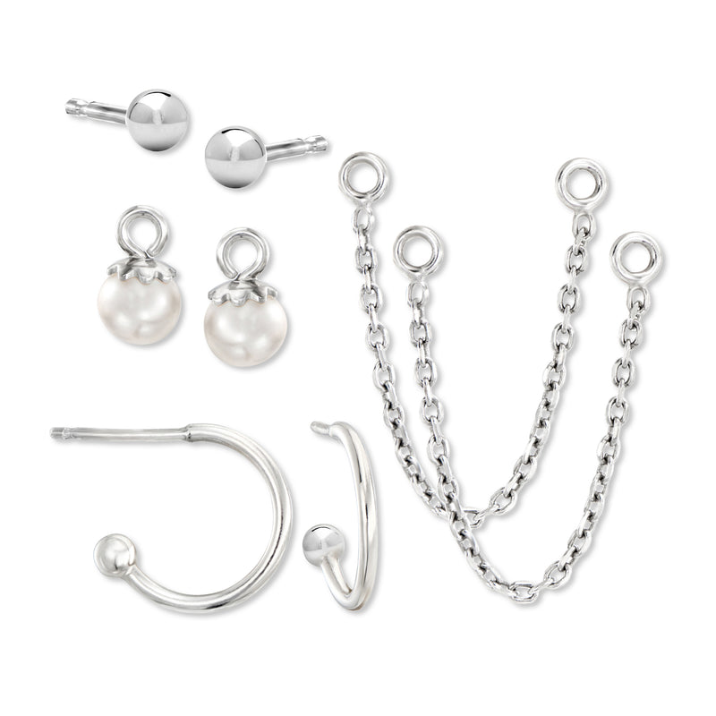 Sterling silver cultured pearl earring set with ball studs, hoops, and pearl drop chains