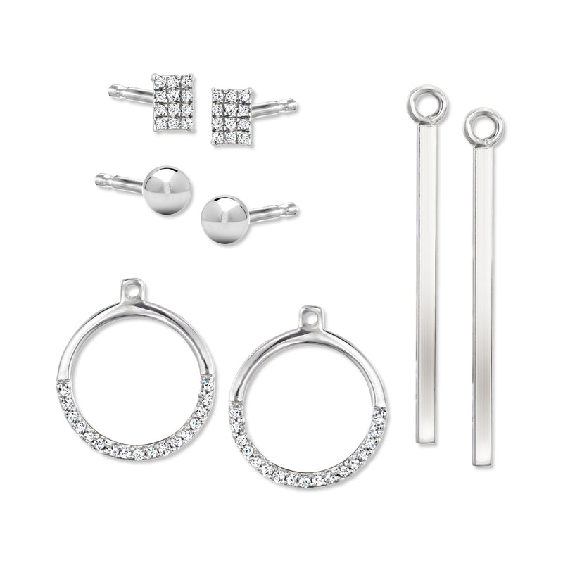 Sterling silver 8-piece diamond earring set with stud, hoop, and bar drop styles