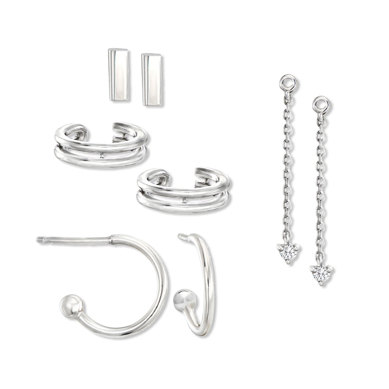 Sterling silver earring set with rectangular studs, hoops, huggies, and dangling chain accents