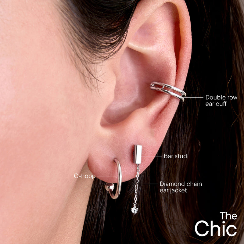 Sterling silver ear with double-row cuff, C-hoop, bar stud, and chain ear jacket
