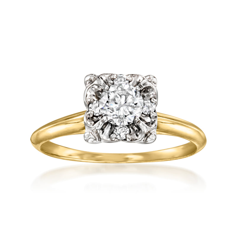 Two-tone 14kt gold diamond ring with square center stone and halo