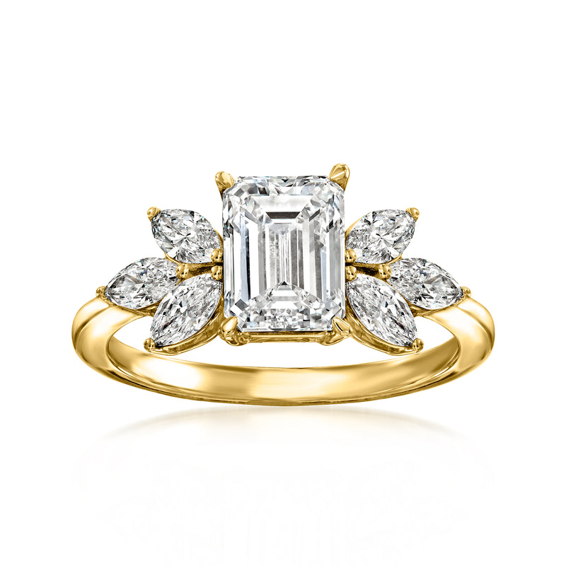 14kt yellow gold diamond ring with emerald-cut center and marquise side stones