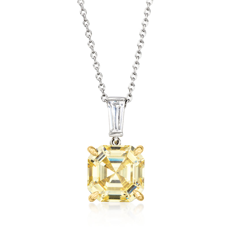 CZ pendant necklace with square yellow gemstone and clear top, gold and silver chain