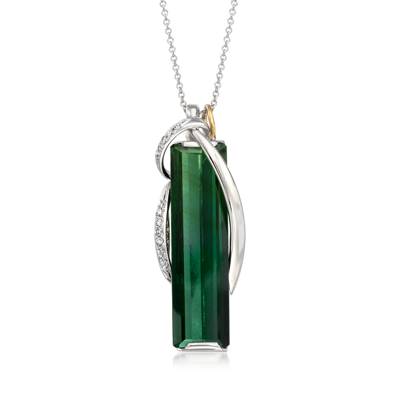 Tourmaline diamond pendant necklace with vertical emerald-cut green stone, platinum setting