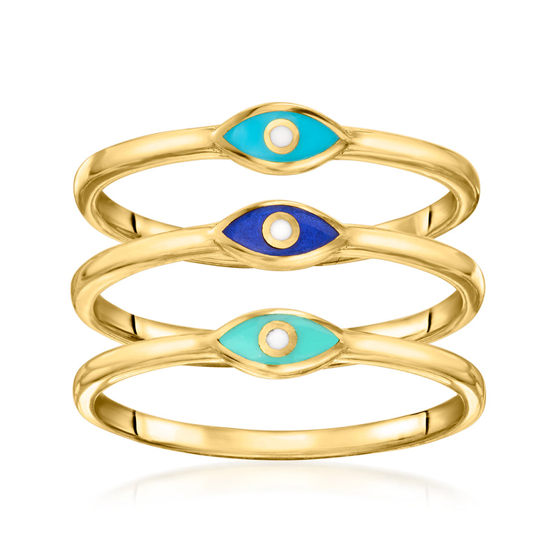 Gold-tone enamel evil eye rings, three oval blue/teal eye designs