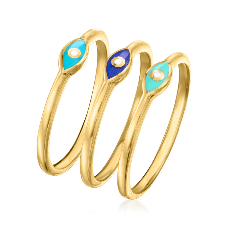Gold-tone evil eye rings set with three stacked oval blue/teal eye details