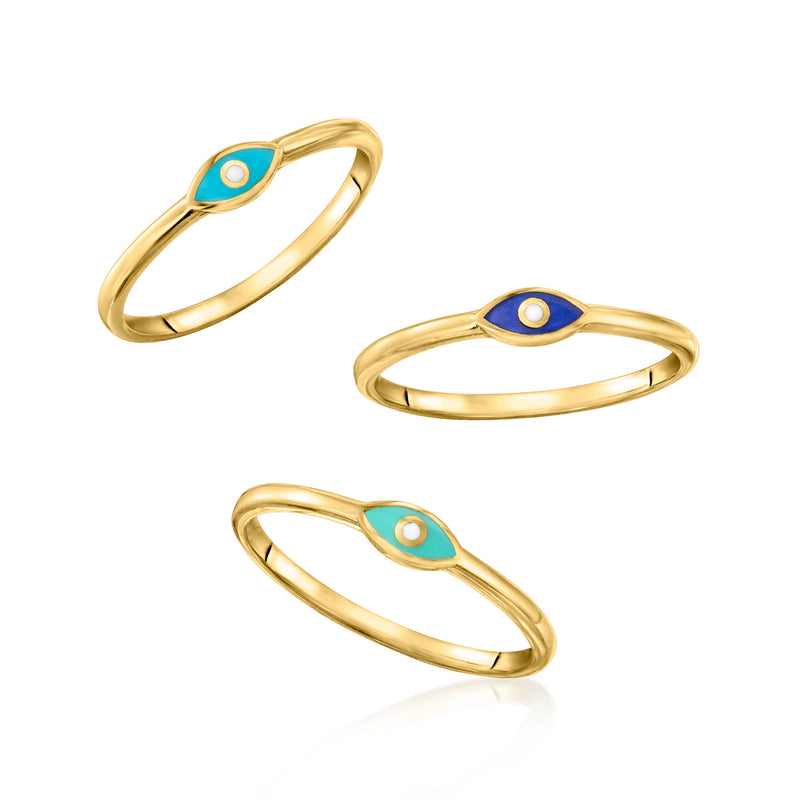 Gold-tone evil eye ring set, three styles with teal and blue oval enamel eyes