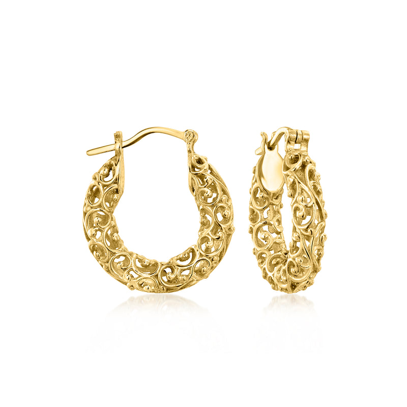 Gold over sterling filigree hoop earrings with ornate cutout pattern.