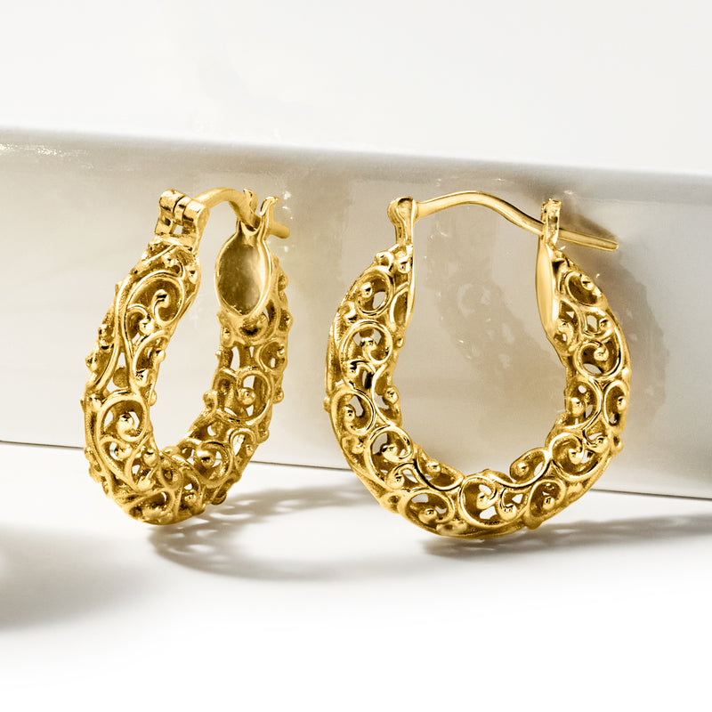 Gold over sterling filigree hoop earrings with post and clasp detail.